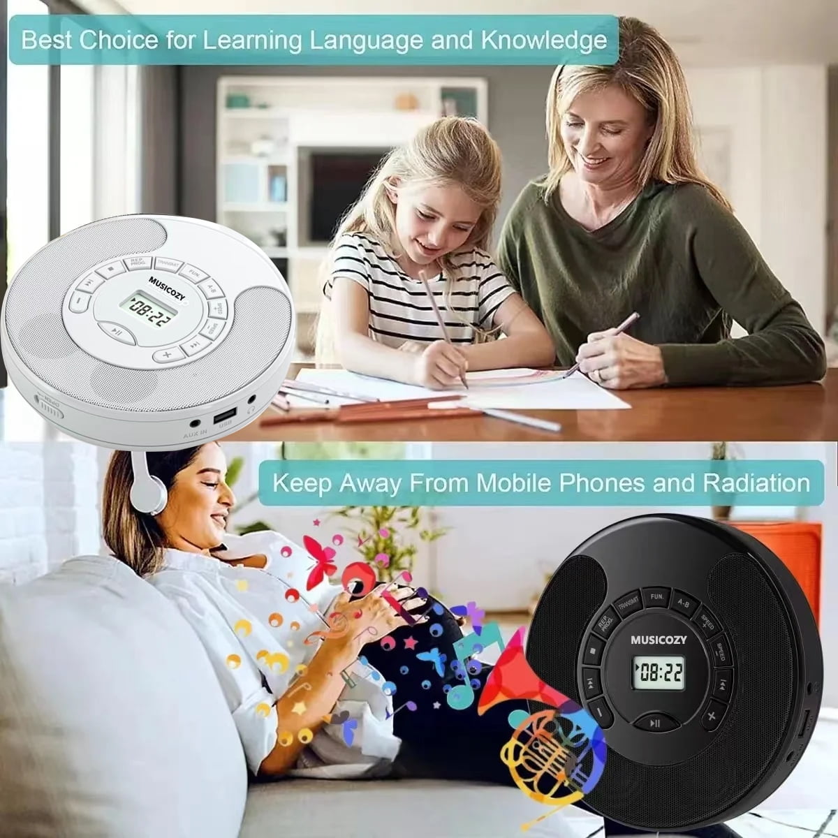 Portable CD Player with Bluetooth Rechargeable Walkmans CD Player for Car Built-in Speaker Bluetooth Transmitter A-B Repeat and Speed+/- Personal CD Player with Headphone Jack AUX Cable Best Gift
