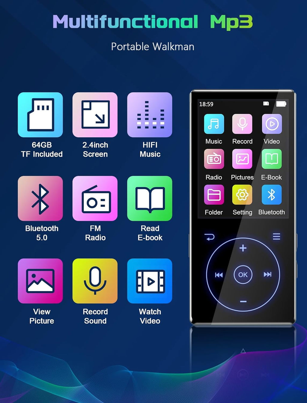 MUSICOZY 96GB MP3 Player with Bluetooth 5.0: Portable Lossless Sound Music Player with HD Speaker 2.4 Screen Voice Recorder FM Radio Touch Buttons 32G Storage+Support up to 64GB for Running Walking