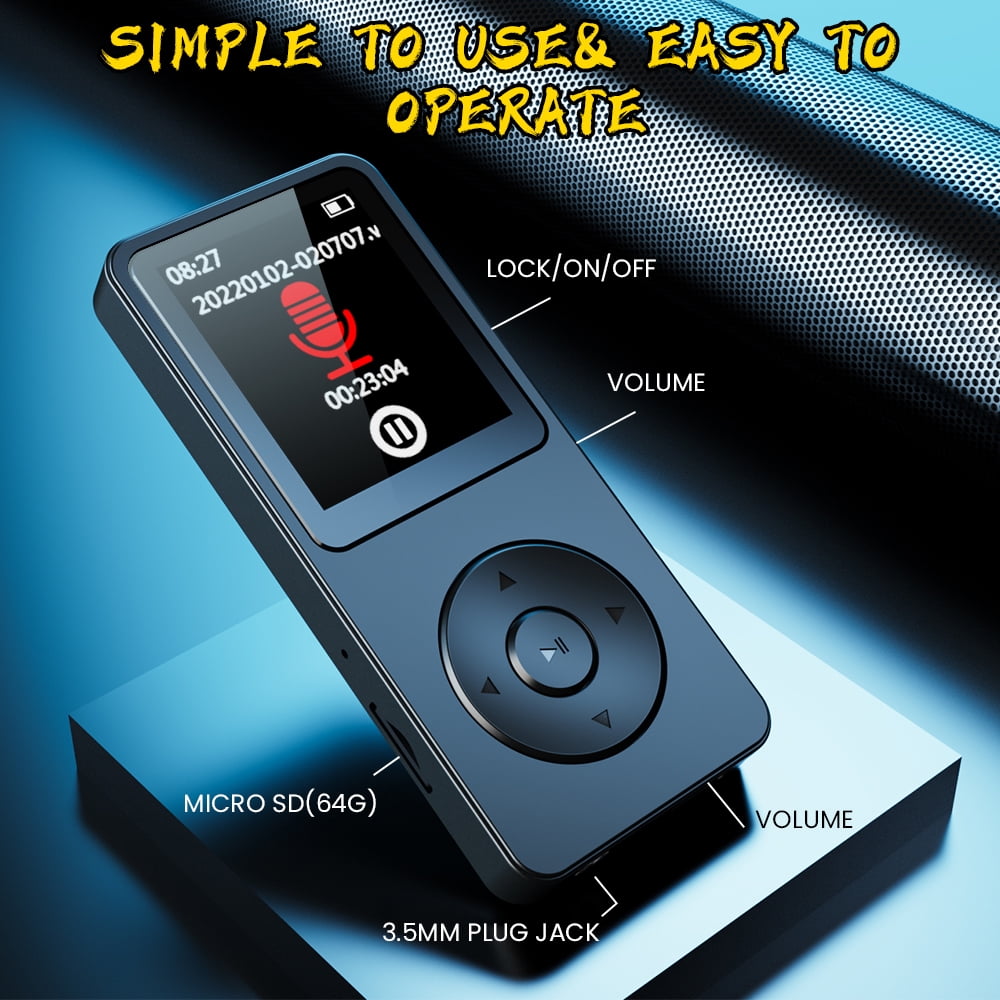 Upgrade MP3 Player with Bluetooth and 64GB Hi-Fi Music Player with Built-in Speaker Earphones Voice-Activated Recording MP3 Players with FM/E-Book/Video Supports up to 128GB for Kids Running Walking
