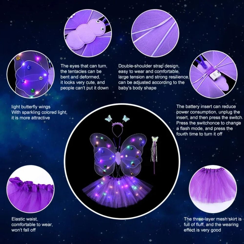 LED Children Costume Props Halloween Christmas gifts Fairy Princess Kids Costume Sets Butterfly Wings Wand Headband Tutu Skirt New Year Gifts Rose Red with Light
