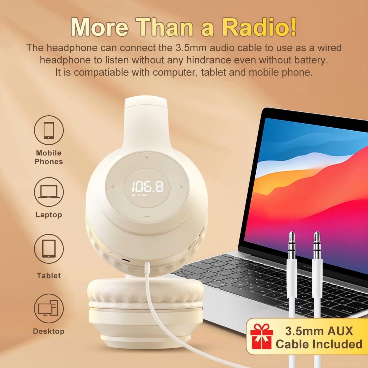 Wireless FM Radio Headphones with Bluetooth Built-in Microphone LED Display Rechargeable & Portable Headphones Soft Ear Muffs FM Headset Radio Receiver for Meeting Works Hiking Jogging