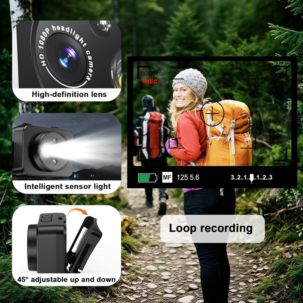 Head-Mounted Camera LED headlamp 1080P HD Body Action Camera Wearable Video Recording Smart Sensing Control Shock-Absorbing Cam Suitable for Nighttime Activities: Electricians Cycling Fishing Hiking