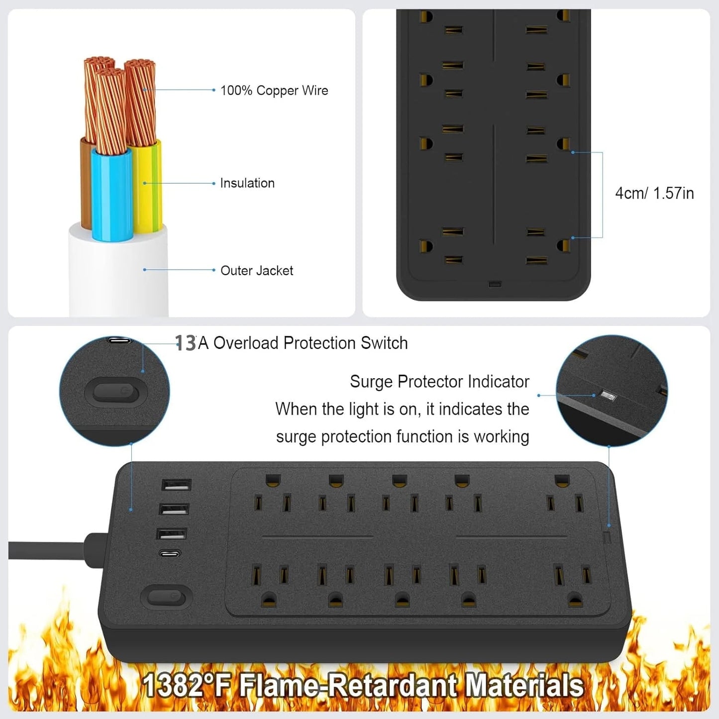 Power Strips with Surge Protection 16Awg Heavy Duty 2000W/13A 10 Outlets with 4 USB Ports (1 USB C) Extension Cord with Multiple Outlets 14-in-1 Flat Plug Power Strip Protector for Home Office Black