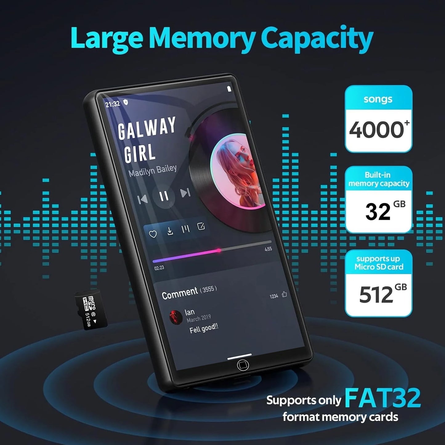 Upgraded 160GB MP3 Player with Bluetooth and WiFi Android 14 OS MP3 & MP4 Players with 4 Touchscreen and Speaker 3GB RAM & 32GB ROM 2500mAh Music Player with Spotify Audible Amazon Music Play Store