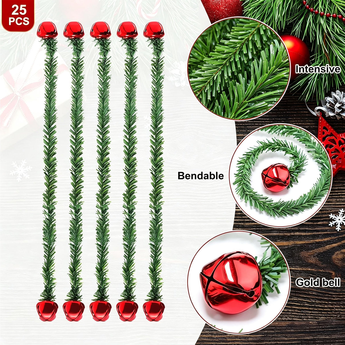 25 Pack Christmas Garland Ties with Bells, 20 Inch Decorative Twist Ties for Garland, Wreath, Stair Railing, Banister, Mantel, Front Door, Reusable Flexible Holiday Christmas Decorating Supplies, Red