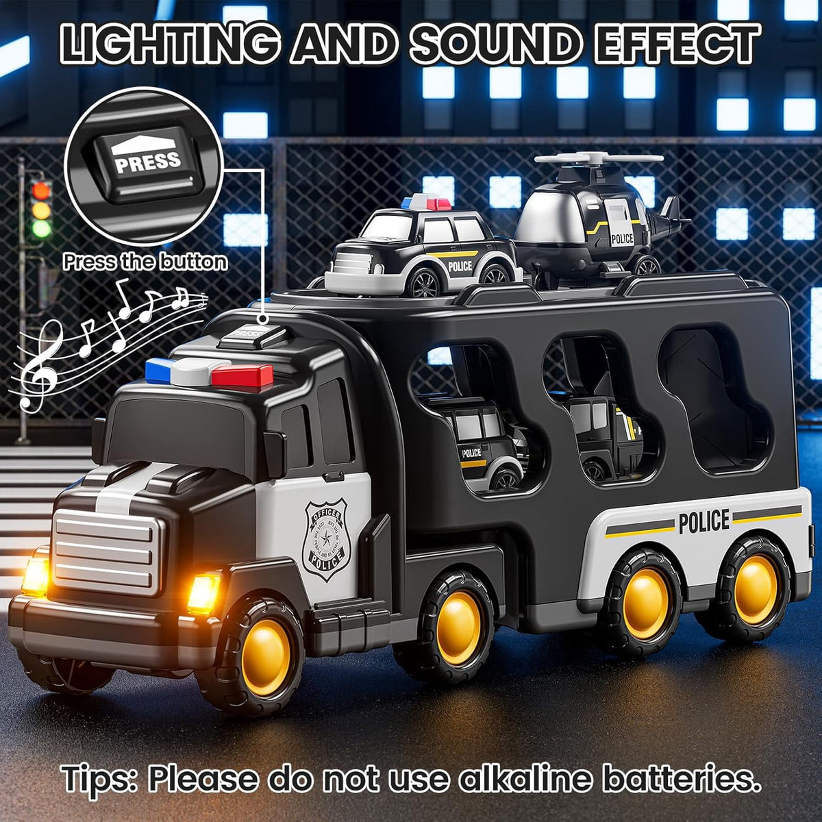CEDQ Kids Police Truck Toy with Music for 3-9 Years Boys&Girls - 5 in 1 Black Carrier Vehicle Toy Set with 3 Small Cars 1 Helicopter Friction Powered Car Toys for Baby Birthday Gifts for Toddlers