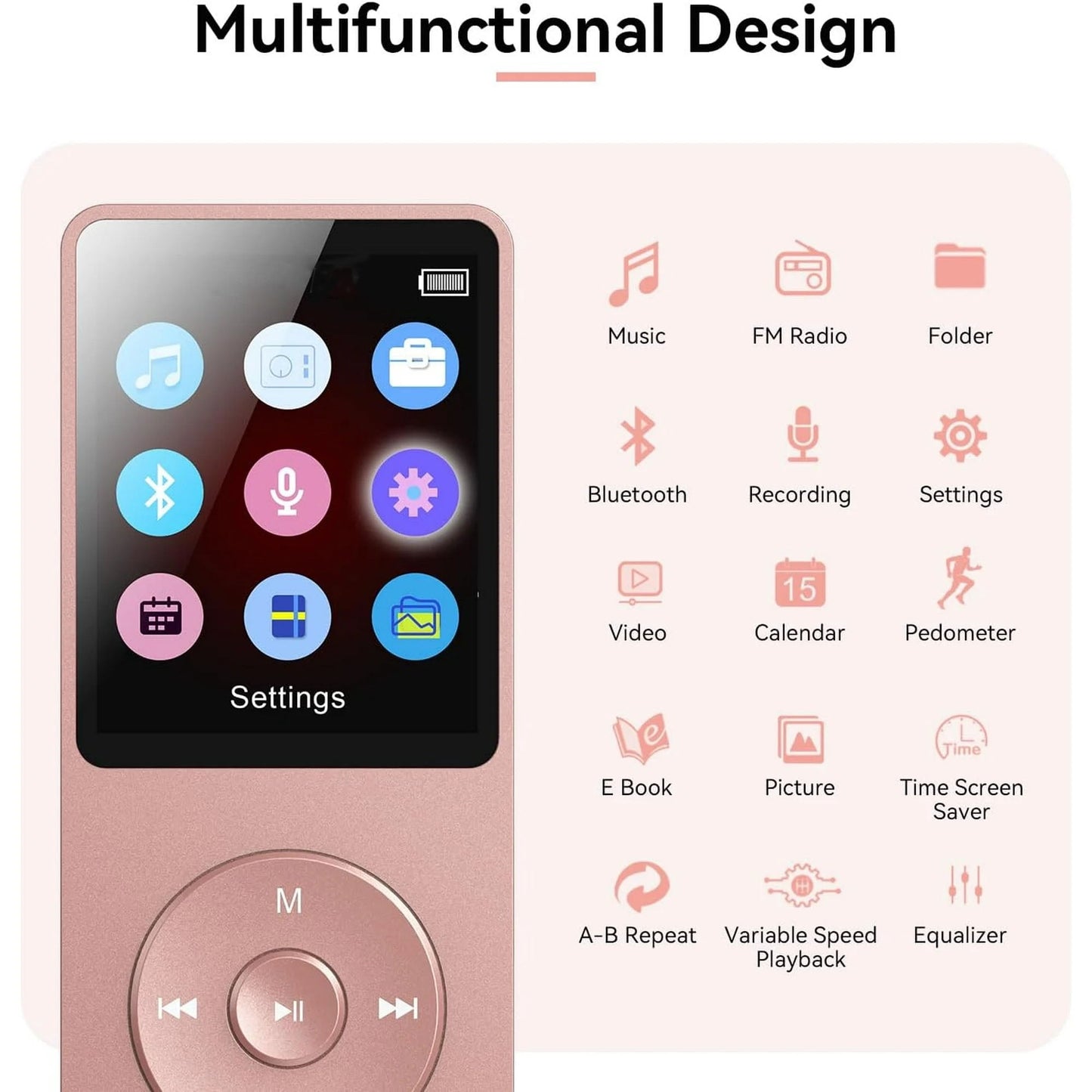 MP3 Player with Bluetooth and 32GB TF Card HiFi Music Player with Built-in Speaker Earphones Multifunctional MP3 Players with FM/Recording/E-Book/Video Supports up to 128GB for Kids Running Walking