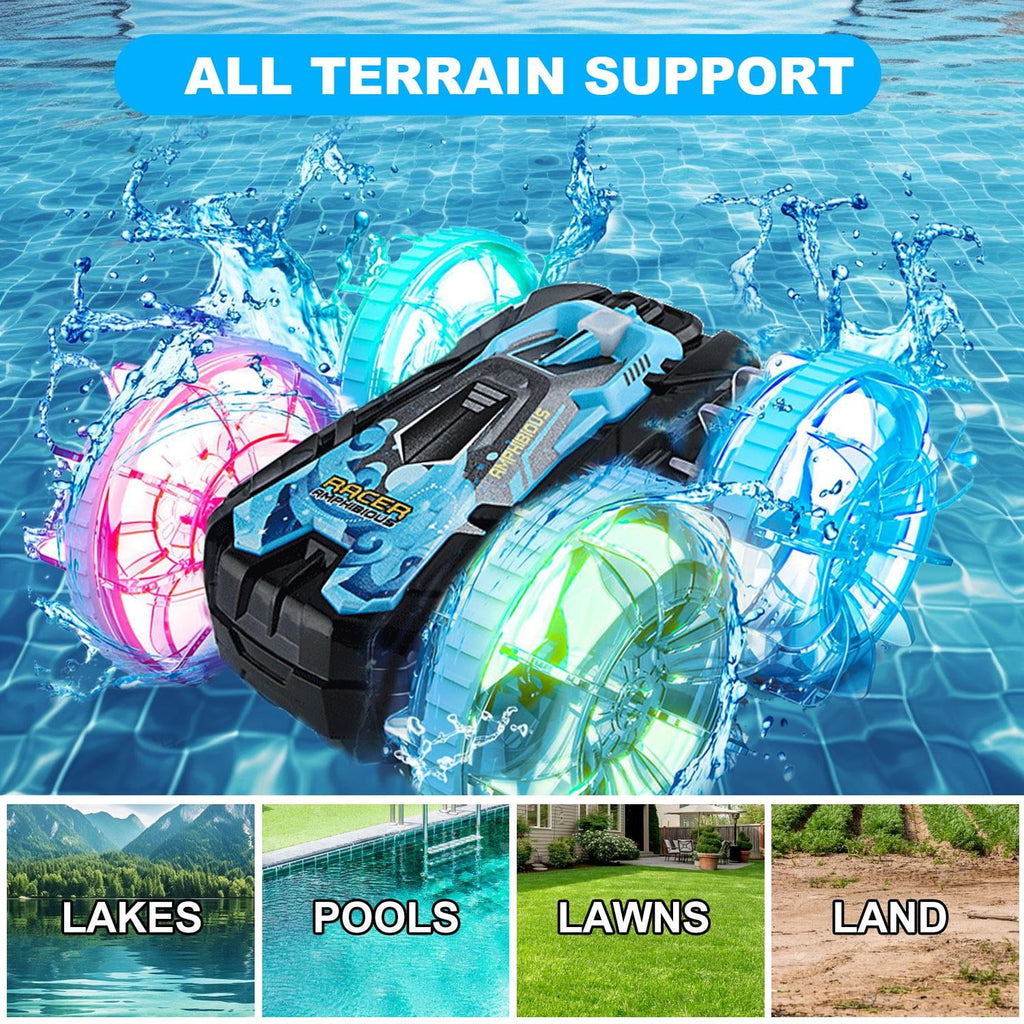 Amphibious Remote Control Cars Toys Amphibious Waterproof 4WD RC Stunt Car Toys for Kids 2.4 GHz 360° Rotating RC Drift Cars with LED Light Toy Cars Gifts for 3-12 Year Old Boys Girls Blue