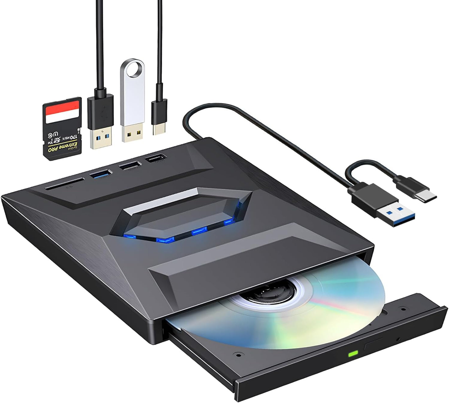 MUSICOZY External CD DVD Drive for Laptop 5-in-1 USB C Portable CD/DVD +/-RW Drive/DVD Player with SD Card Reader USB 3.0 USB C Hub CD ROM Burner for Mac Book Linux OS Windows