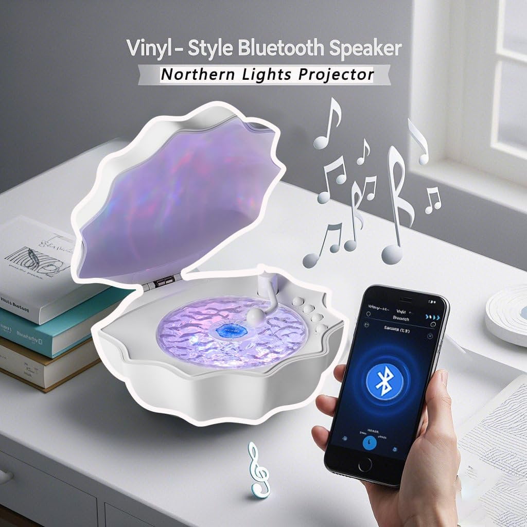 MUSICOZY Waves Vinyl Bluetooth Speaker with Mood Lamp Shell Ocean Wave Projector Light 7 Colors Waves Night Light for Bedroom Living Office (Purple)