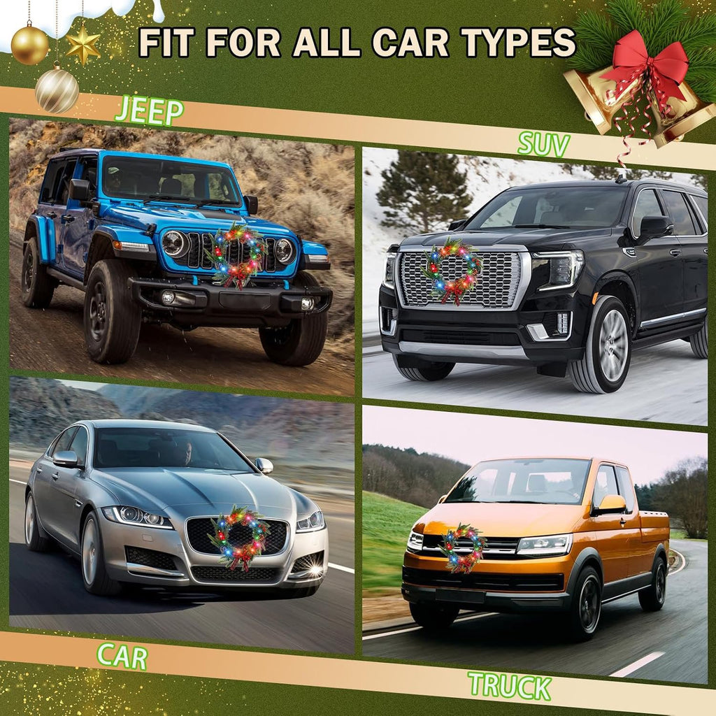 Lighted Christmas Wreaths for Car Front Grill, 11.81" Artificial Christmas Car Wreath Decorations with Red Bow & Berry Clusters, Battery Operated, Christmas Car Decorations for Golf Cart SUV Jeeps