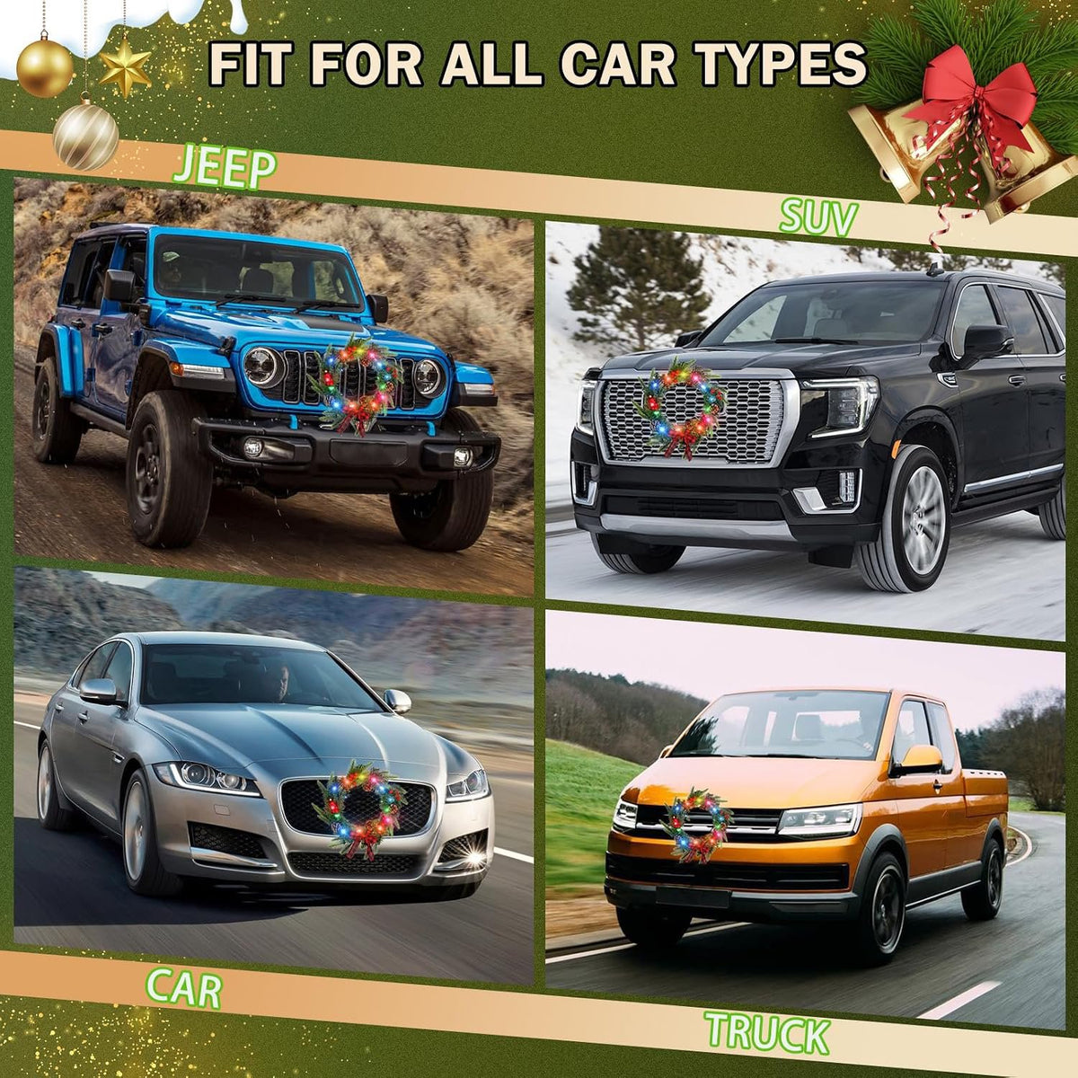 Lighted Christmas Wreaths for Car Front Grill, 11.81" Artificial Christmas Car Wreath Decorations with Red Bow & Berry Clusters, Battery Operated, Christmas Car Decorations for Golf Cart SUV Jeeps