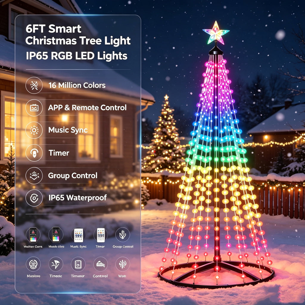 7FT Smart Christmas Tree Light IP65 RGB Christmas LED Lights 16 Mil Color Changing APP & Remote Control Music Sync Timer Group Control String Lights Xmas Decor Patio Beach Pool Cruise Party Gift