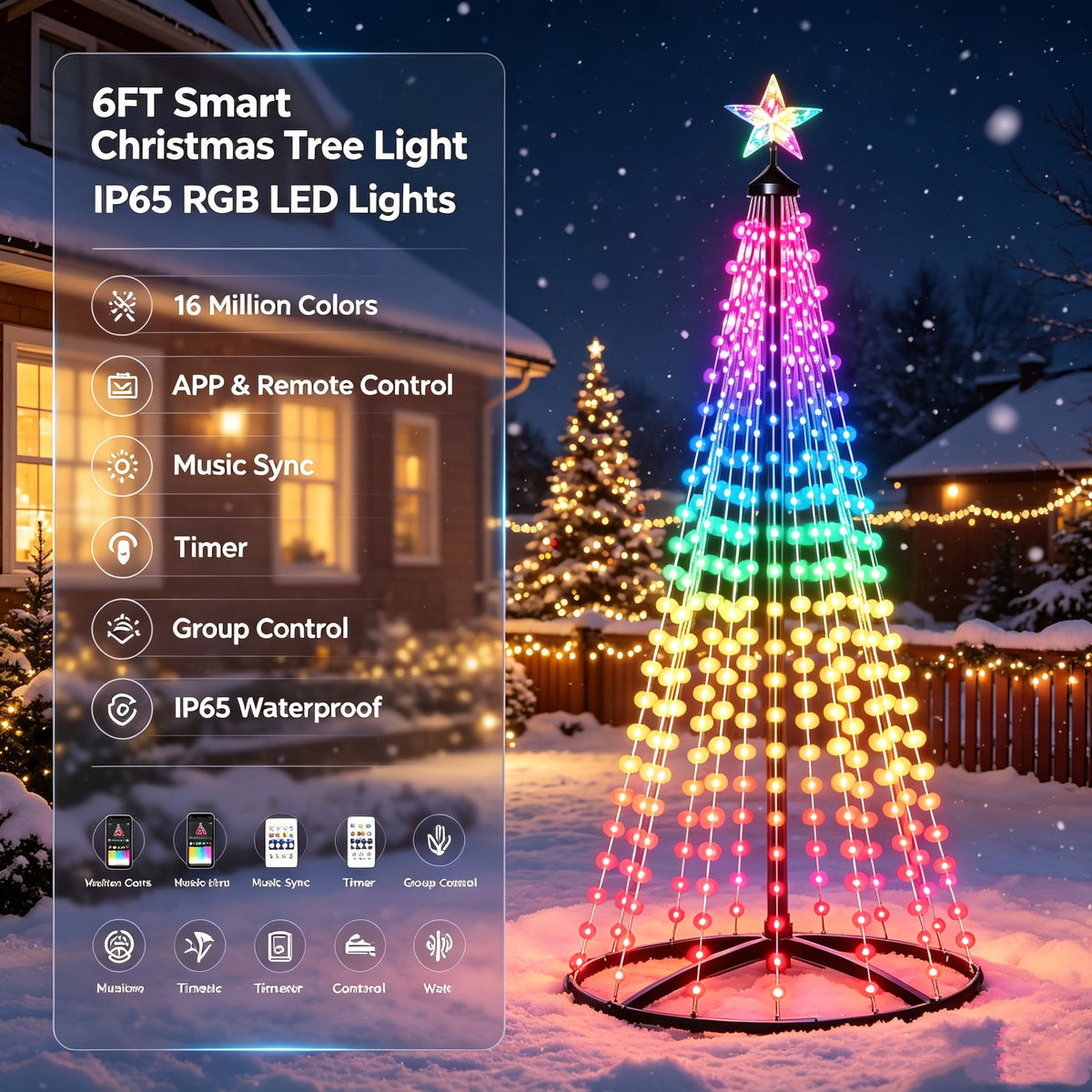 7FT Smart Christmas Tree Light IP65 RGB Christmas LED Lights 16 Mil Color Changing APP & Remote Control Music Sync Timer Group Control String Lights Xmas Decor Patio Beach Pool Cruise Party Gift
