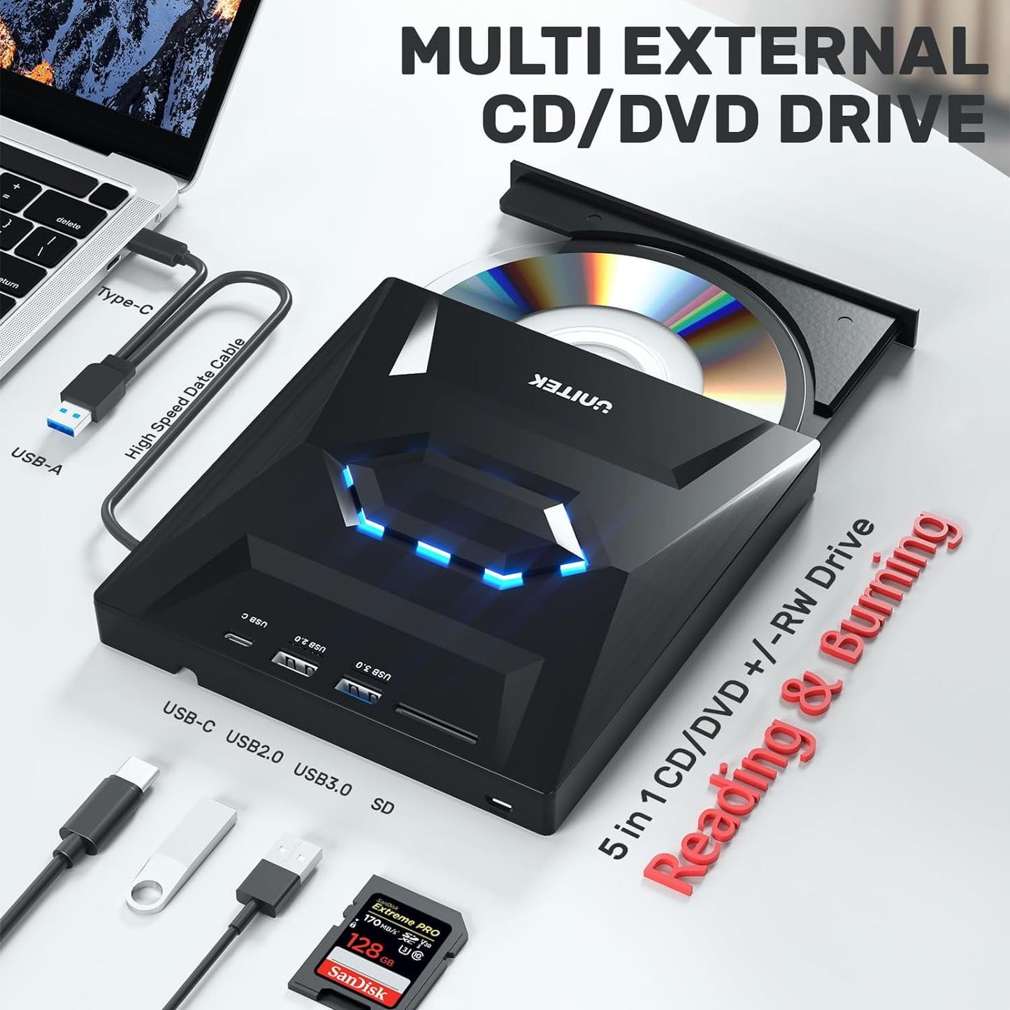 MUSICOZY External CD DVD Drive for Laptop 5-in-1 USB C Portable CD/DVD +/-RW Drive/DVD Player with SD Card Reader USB 3.0 USB C Hub CD ROM Burner for Mac Book Linux OS Windows