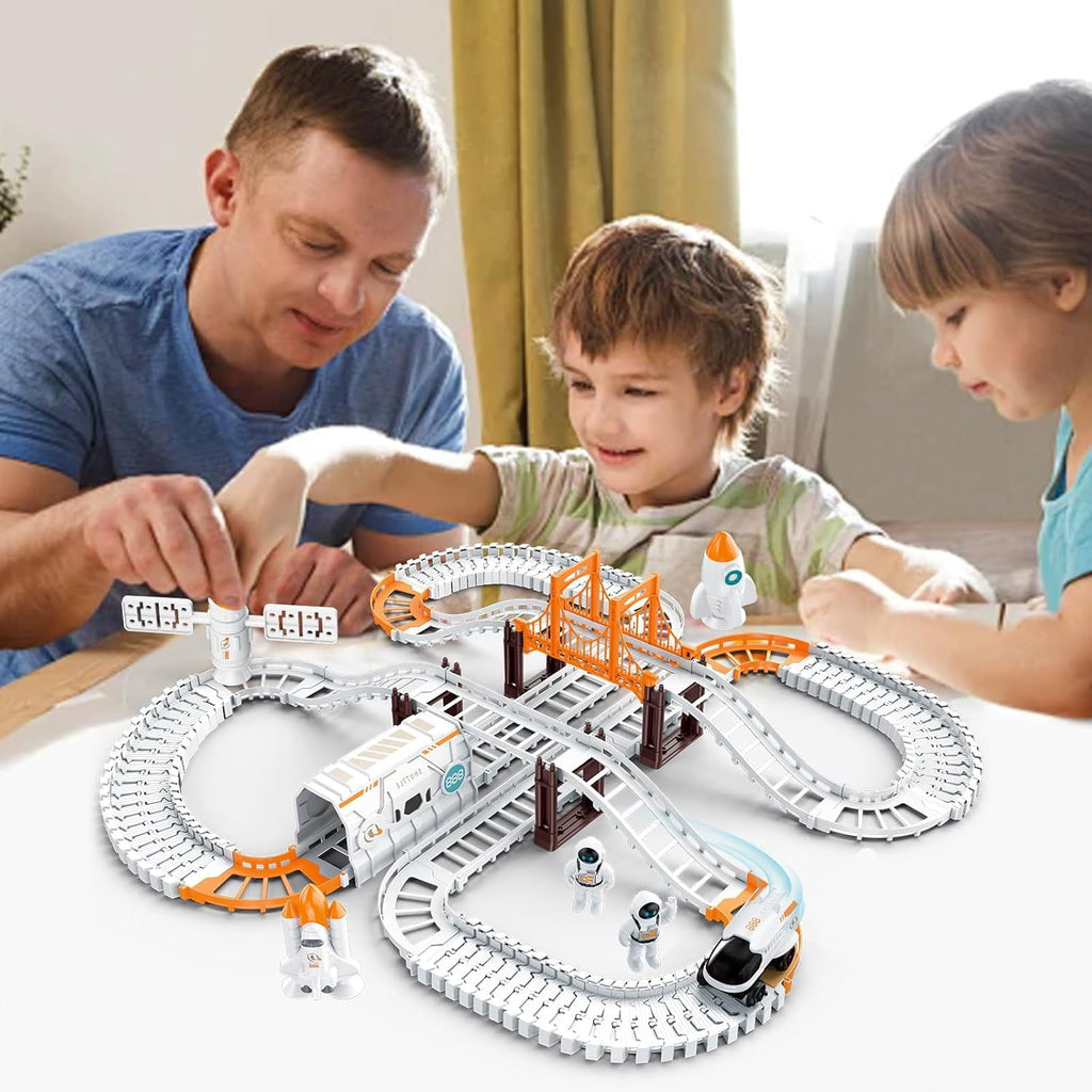 Space Train Track Set Toys for Girls & Boys-128 Piece Set DIY Assembled Track Battery Powered Spacecraft Satellite Astronaut Birthday Toys Suitable for Kids Over 3 Years Old Halloween Christmas Gifts
