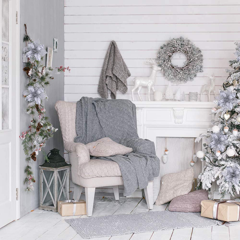 XEAZON 16 Pcs Christmas Glitter Flower, 6.3 inch Christmas Silver Glitter Hollow Leaf, Artificial Poinsettia Flowers Tree Ornaments, Festival Xmas Decor for Wedding Christmas Party Home Decoration