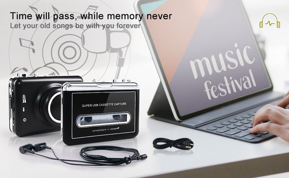 Clear Stereo Auto Reverse Walkmen Cassette Player with Detachable External Speaker-Portable Cassette to MP3 Digital Converter- Convert Tapes to Digital Format via USB-Compatible with MAC Laptops & PC