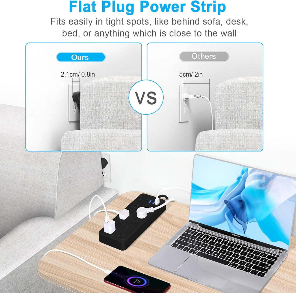 Power Strips with Surge Protection 16Awg Heavy Duty 2000W/13A 10 Outlets with 4 USB Ports (1 USB C) Extension Cord with Multiple Outlets 14-in-1 Flat Plug Power Strip Protector for Home Office Black