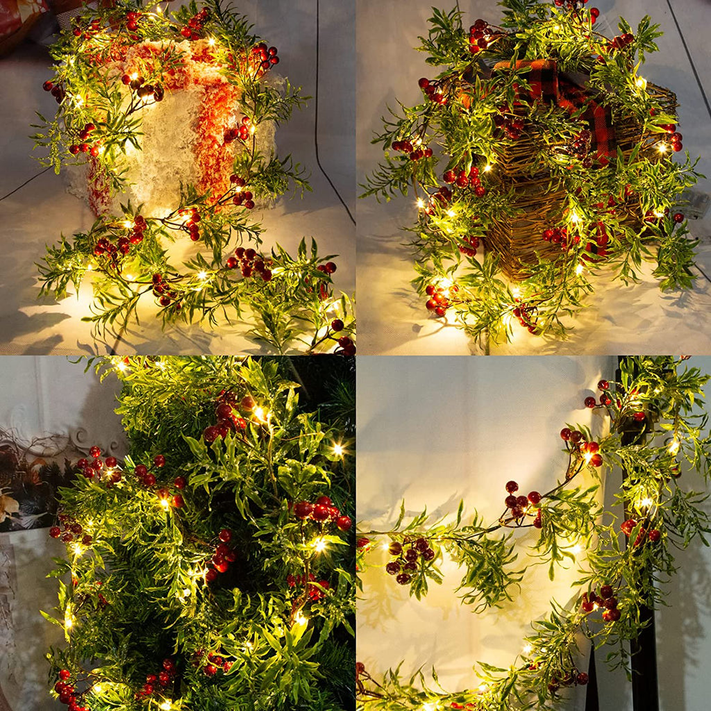 XEAZON Pre-Lit Christmas Garland, 6FT Artificial Christmas Garland String Lights with Red Berries Green Leaves 20 LED Lights for Christmas Mantle Stair Indoor Outdoor Holiday Decoration