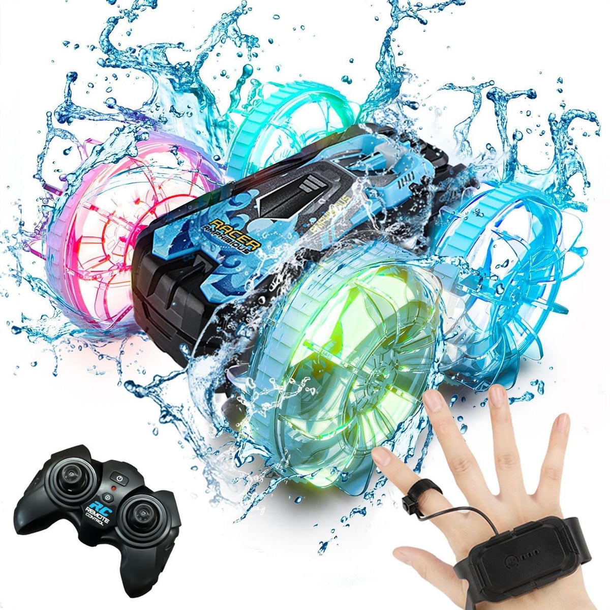 Amphibious Remote Control Cars Toys Amphibious Waterproof 4WD RC Stunt Car Toys for Kids 2.4 GHz 360° Rotating RC Drift Cars with LED Light Toy Cars Gifts for 3-12 Year Old Boys Girls Blue