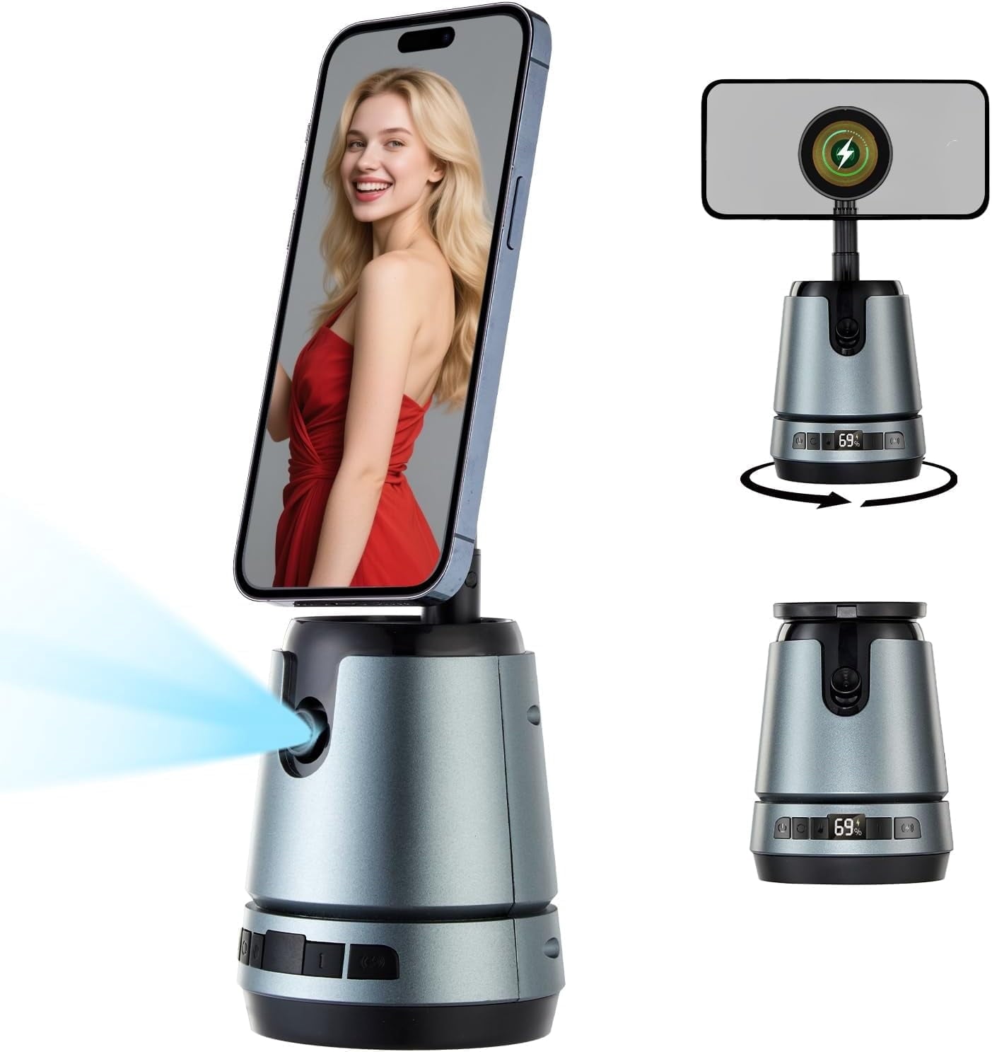 Auto Face Tracking Tripod Magnetic Fast Charger AI Smarts 360° Rotating Cell Phone Photo Video Tracking Gimbal No App Gesture Control Rechargeable Smart Shooting Stand for Live Video Recording Tiktok