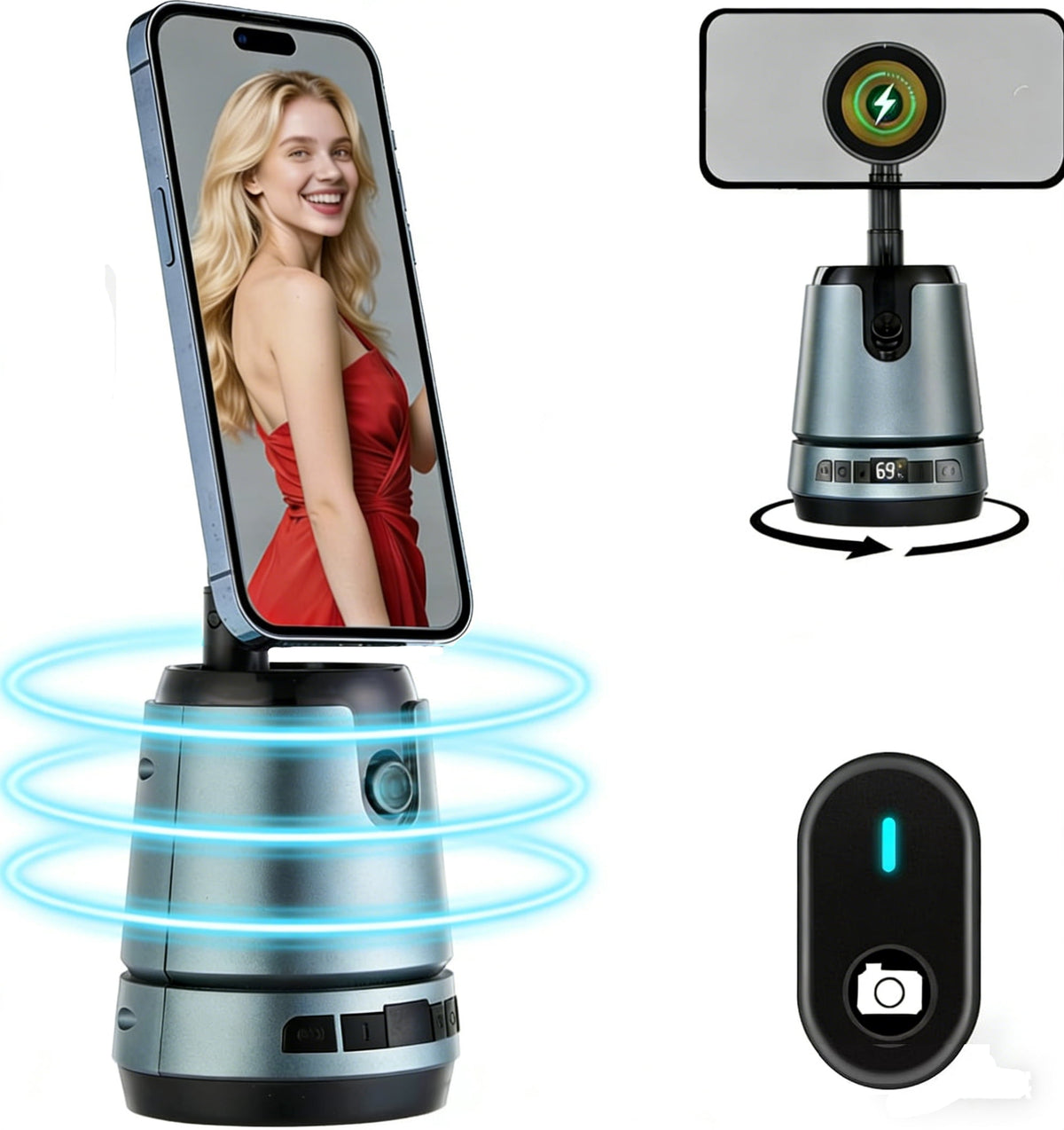 Auto Face Tracking Tripod Magnetic Fast Charger AI Smarts 360° Rotating Cell Phone Photo Video Tracking Gimbal No App Gesture Control Rechargeable Smart Shooting Stand for Live Video Recording Tiktok