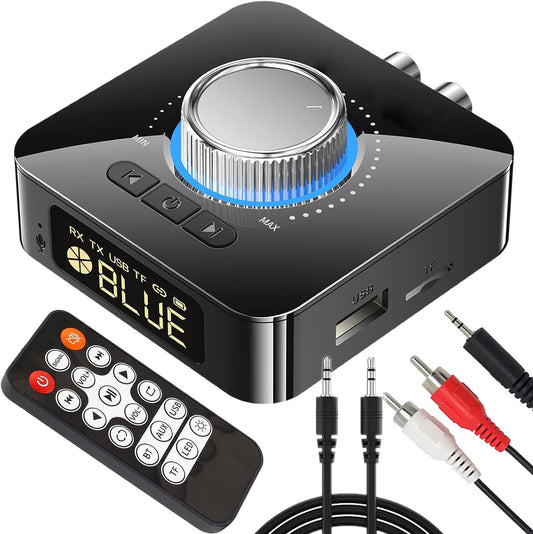 Bluetooth Audio Transmitter Receiver with Remote 5-in-1 Bluetooth 5.0 Adapter for TV Car CD PC Home Stereo Speaker Headset Support 3.5mm AUX RCA USB U Disk MP3/Micro SD TF Card Playback