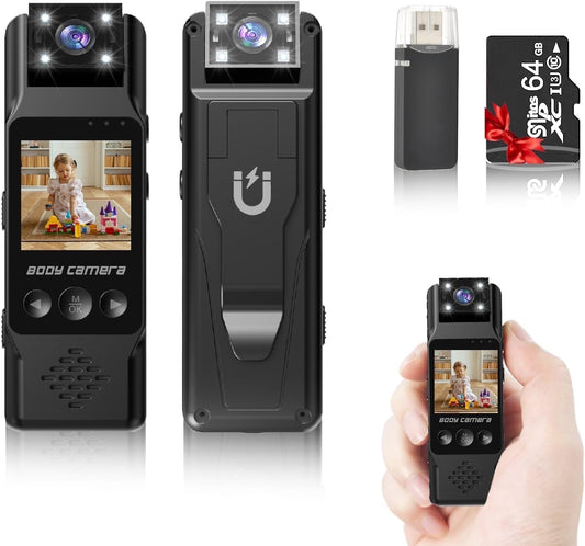 Body Camera with Audio and Video Recording 1080P Bodycam Handheld Video Recorder with 1.3 Screen 180° Rotating Lens 6h Battery 4 Fill Lights Motion Detection for Personal Civilians Travel