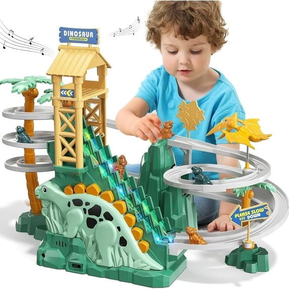CEDQ Dinosaur Climbing Slide Stair Toy for Toddlers Aged 3 4 5 6 7 8 - Kids Toys Racing Track Game Set Sliding Car Toy Dinosaur Themed with Light and Music Birthday Dinosaur Gifts for Boys Girls Kids