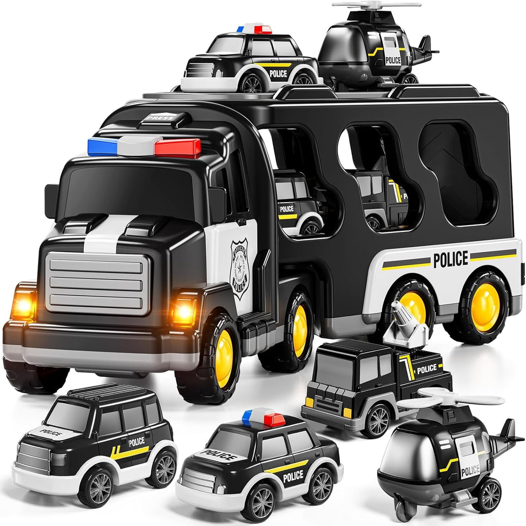 CEDQ Kids Police Truck Toy with Music for 3-9 Years Boys&Girls - 5 in 1 Black Carrier Vehicle Toy Set with 3 Small Cars 1 Helicopter Friction Powered Car Toys for Baby Birthday Gifts for Toddlers