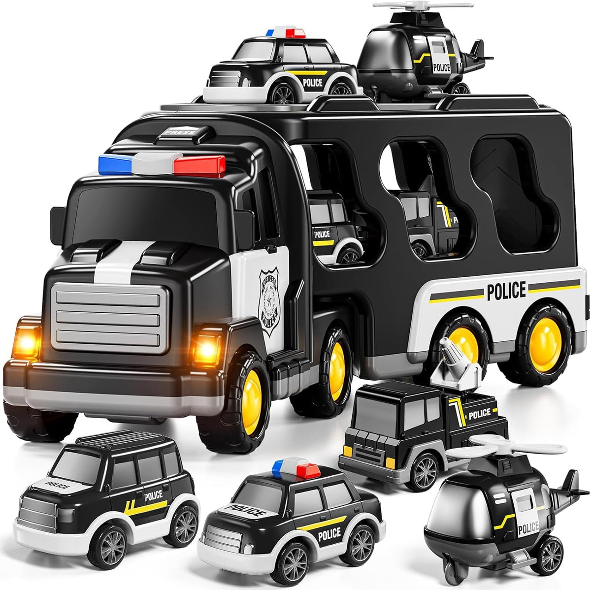 CEDQ Kids Police Truck Toy with Music for 3-9 Years Boys&Girls - 5 in 1 Black Carrier Vehicle Toy Set with 3 Small Cars 1 Helicopter Friction Powered Car Toys for Baby Birthday Gifts for Toddlers