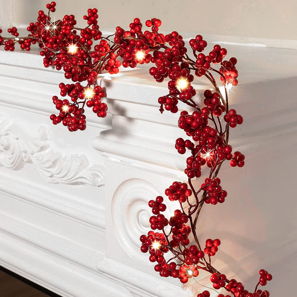 Christmas Red Berry String Garland Artificial Lighted Berry Garland for Home Xmas Winter Valentine s Day Holiday Fireplace Mantel Table Decorations Tree Decor 6 ft Xmas Decoration (1 Piece)