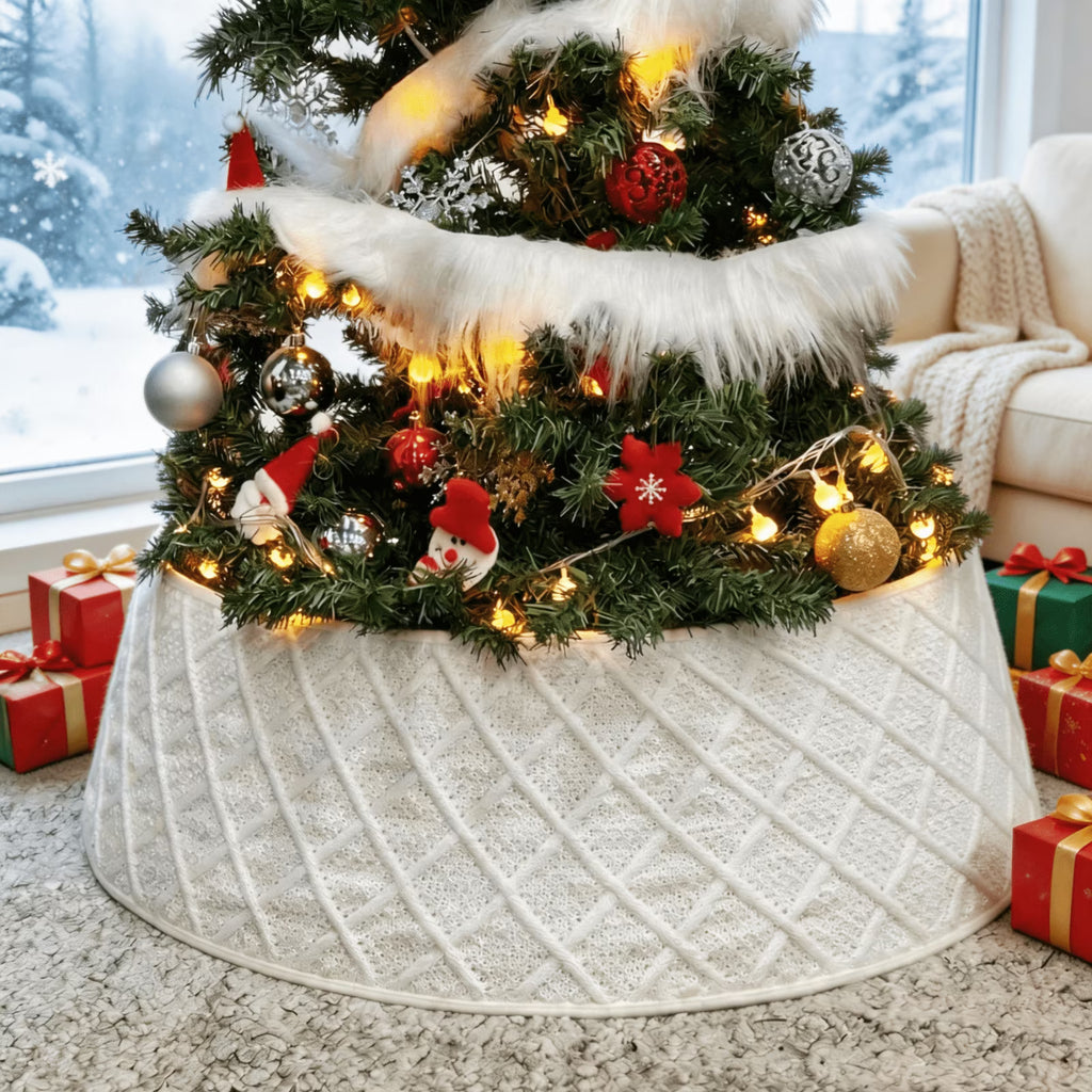 Christmas Tree Collar, 28 inch Knitted Christmas Tree Collar, Cream White Xmas Tree Collar, Sturdy Construction Foldable Tree Ring for Artificial Trees Xmas Farmhouse Holiday Home Decor Gifts
