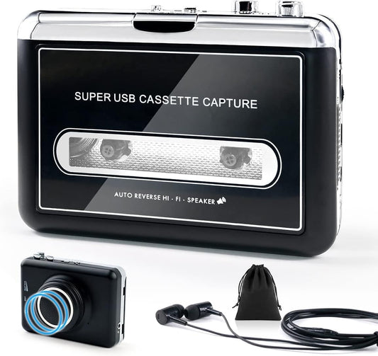 Clear Stereo Auto Reverse Walkmen Cassette Player with Detachable External Speaker-Portable Cassette to MP3 Digital Converter- Convert Tapes to Digital Format via USB-Compatible with MAC Laptops & PC