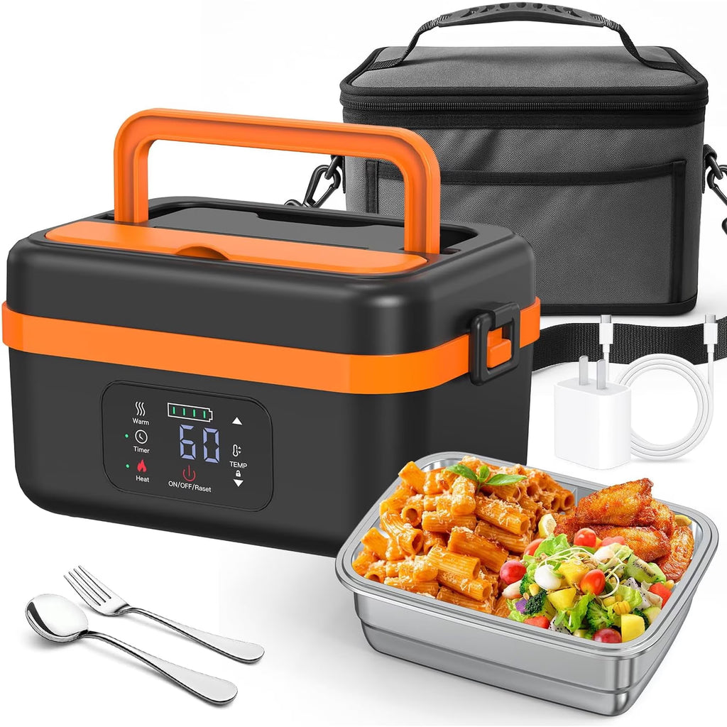 Cordless Electric Lunch Box for Adults, Rechargeable Self-Heating Lunch Box Food Warmer with Timer&Adjustable Heating,34oz/1L Stainless Container with Insulated Bag for Office,Picnic,Car&Outdoor Use