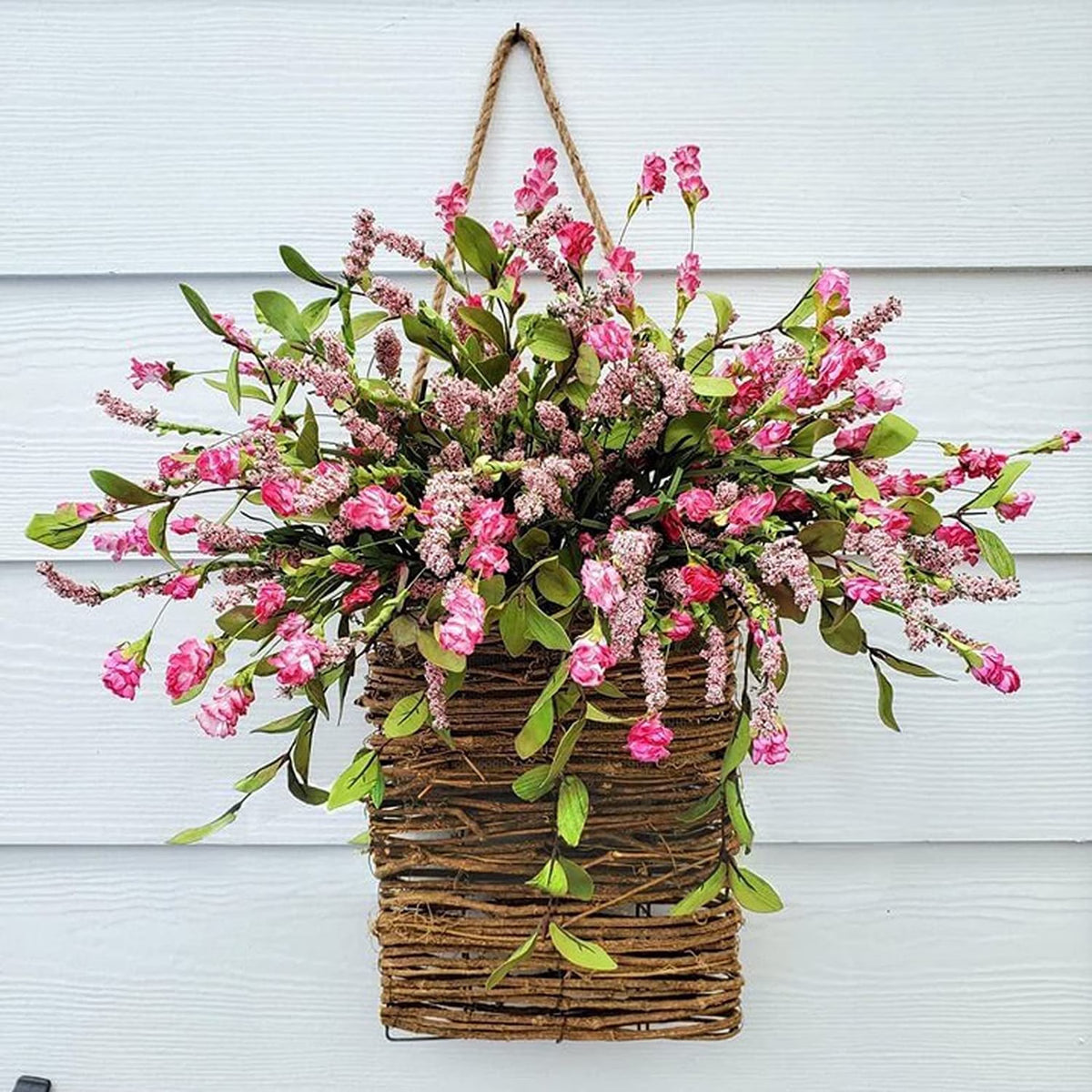 XEAZON Door Hanger Basket Wreath, 17.7in Pink Farmhouse Wreath with Wildflowers, Spring Summer Wreath for Front Door with Rattan Basket for Wall Home Porch Decor (Pink)