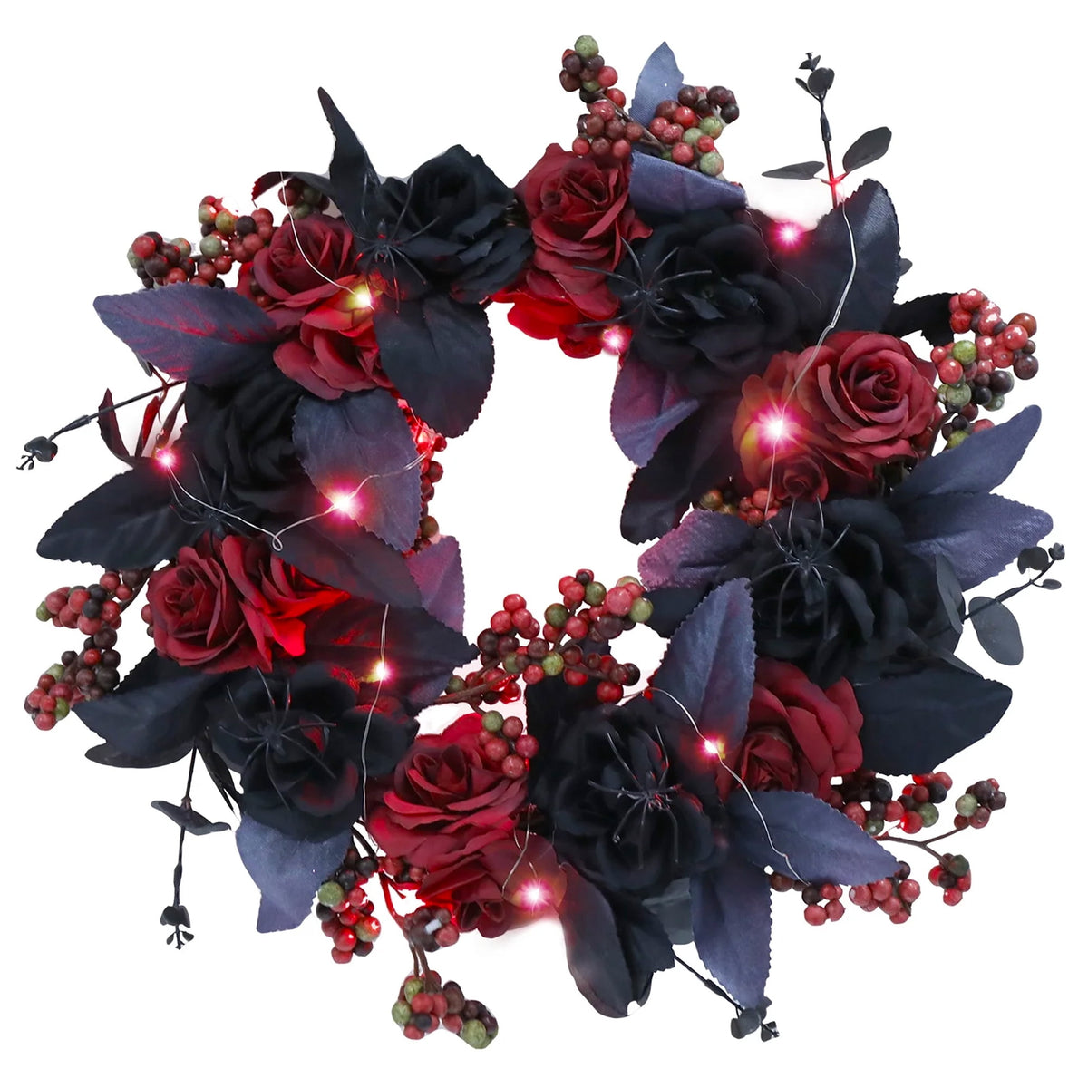 Halloween Decorative Wreath With Lights for Front Door Black Red Rose Wreaths 15 Berries Wreaths Decor with Black Leaves Garland Ornament for Wall Porch Window Indoor Outdoor Halloween Accessories