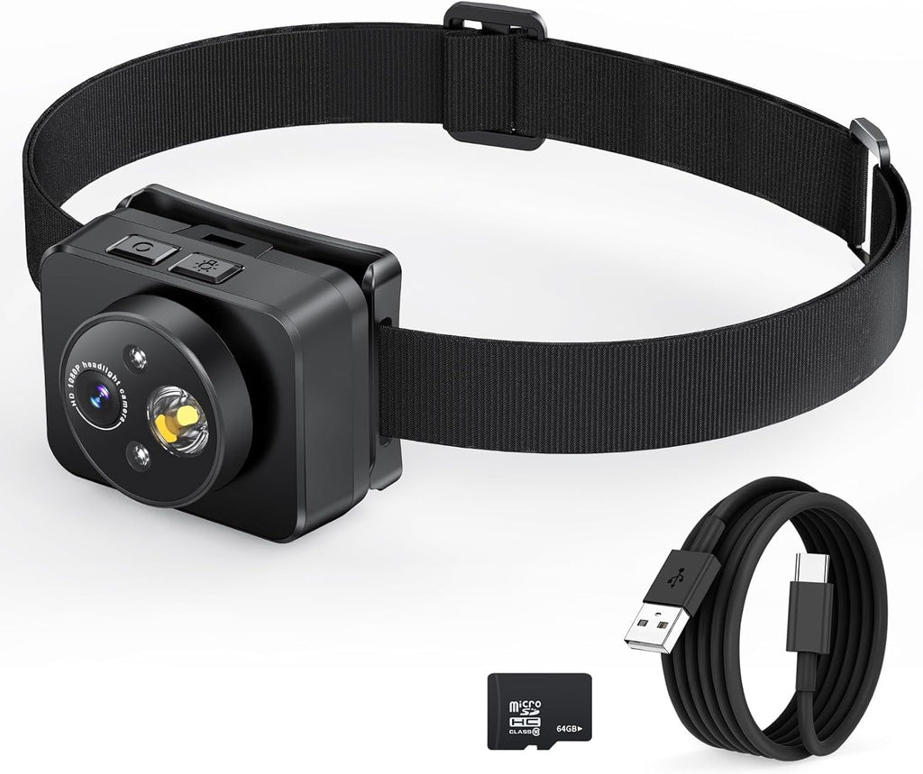 Head-Mounted Camera LED headlamp 1080P HD Body Action Camera Wearable Video Recording Smart Sensing Control Shock-Absorbing Cam Suitable for Nighttime Activities: Electricians Cycling Fishing Hiking