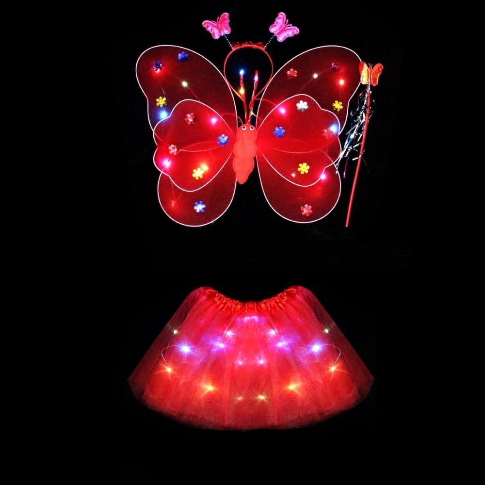 LED Children Costume Prop for Halloween Christmas Fairy Princess Kids Costume Sets Butterfly Wings Wand Headband Tutu Skirt New Year Gifts for 3 4 5 6 7 8 Years Old Girls Red with Light
