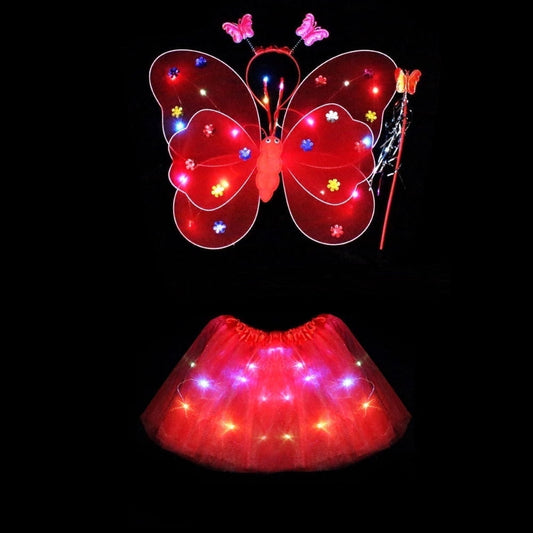 LED Children Costume Prop for Halloween Christmas Fairy Princess Kids Costume Sets Butterfly Wings Wand Headband Tutu Skirt New Year Gifts for 3 4 5 6 7 8 Years Old Girls Red with Light