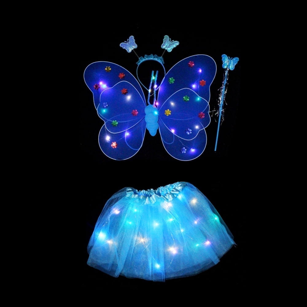 LED Children Costume Props Halloween Christmas gifts Fairy Princess Kids Costume Sets Butterfly Wings Wand Headband Tutu Skirt New Year Gifts for 3 4 5 6 7 8 Years Old Girls Blue with Light