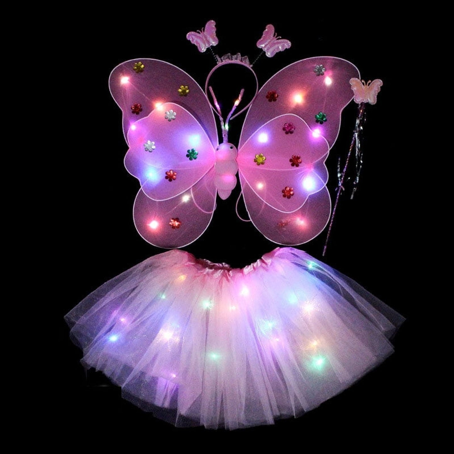LED Children Costume Prop for Halloween Christmas Fairy Princess Kids Costume Sets Butterfly Wings Wand Headband Tutu Skirt New Year Gifts for 3 4 5 6 7 8 Years Old Girls Pink with Light