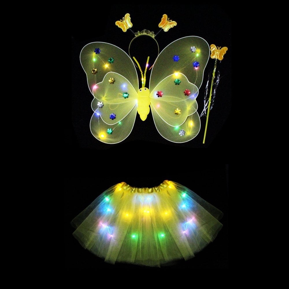 LED Children Costume Prop for Halloween Christmas Fairy Princess Kids Costume Sets Butterfly Wings Wand Headband Tutu Skirt New Year Gifts for 3 4 5 6 7 8 Years Old Girls Pink with Light