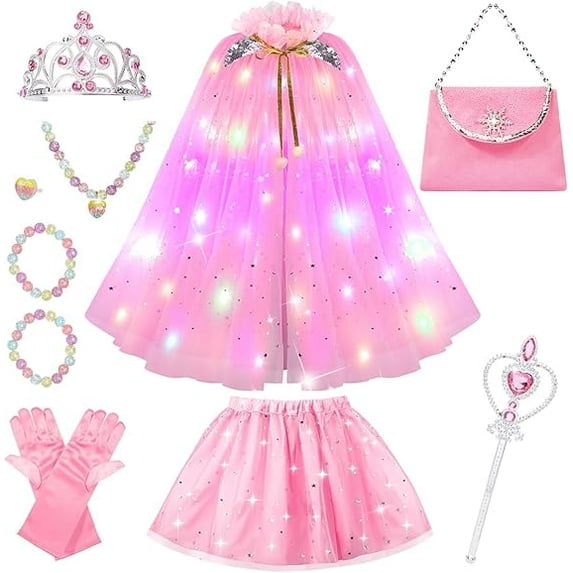 LED Princess Dress Up kids Costume Props Halloween Christmas 11Pcs Fairy Princess for Toddler Girls Costume Sets Cape Wand Headband Tutu Skirt Jewelry New Year Gifts for Girls 3 4 5 6 7 8 Year Old