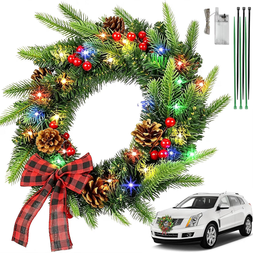 Lighted Christmas Wreaths for Car Front Grill, 11.81" Artificial Christmas Car Wreath Decorations with Red Bow & Berry Clusters, Battery Operated, Christmas Car Decorations for Golf Cart SUV Jeeps