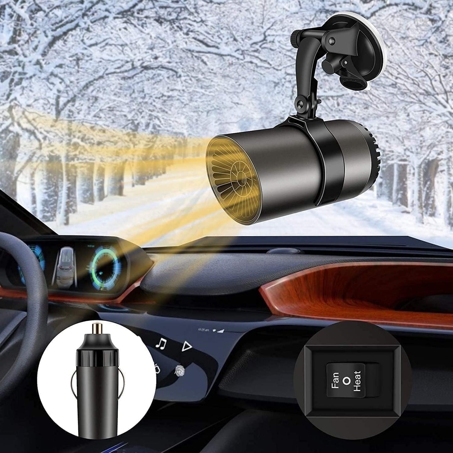 MUSICOZY 2 in1 Car Heater and Cooler 12V 150W Portable Windshield Defogger and Defroster Fast Car Heater Defroster Plug in Automobile Windscreen Fan with Suction Holder for All Cars Black