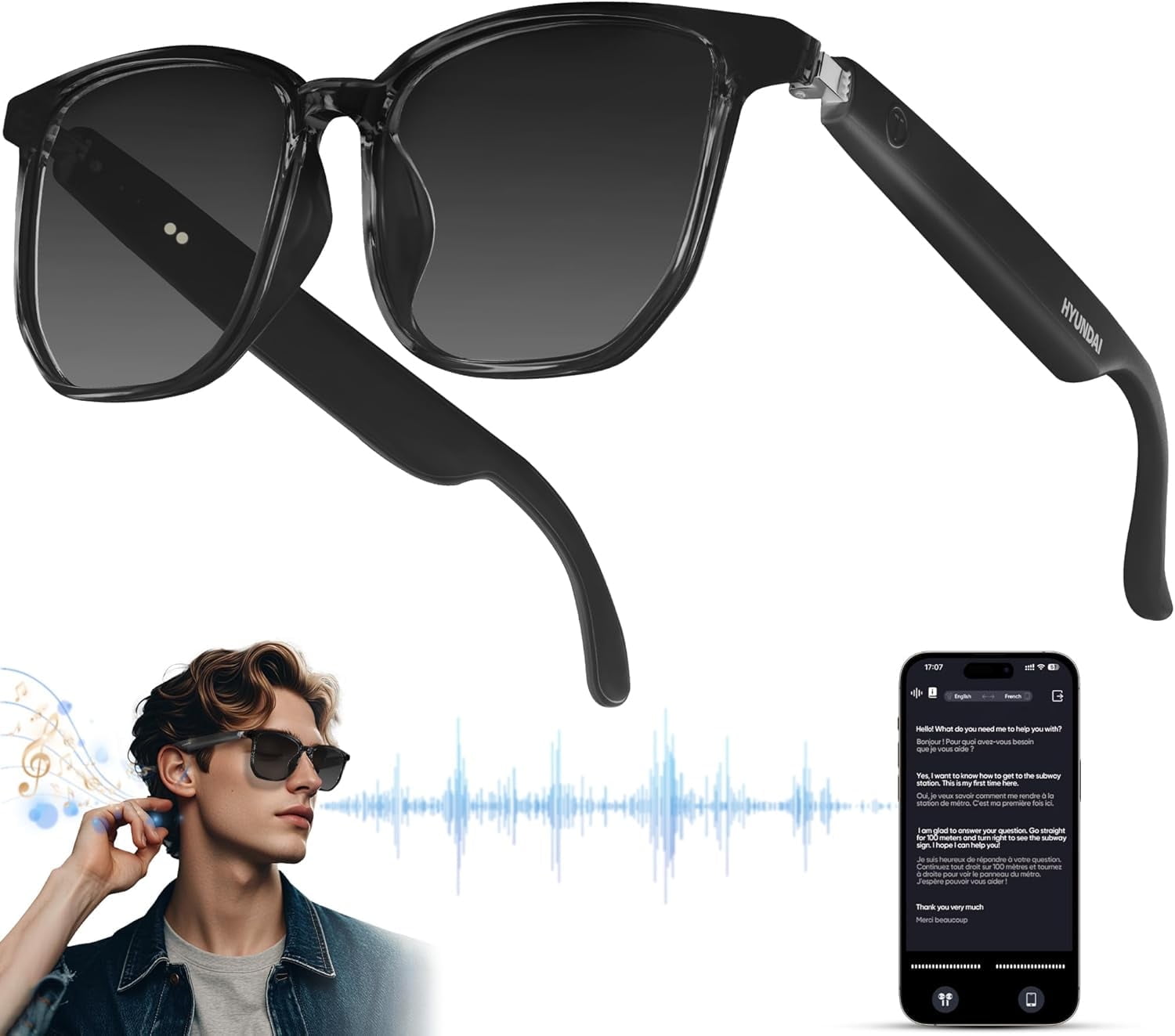 MUSICOZY AI Translator Smart Glasses for Men Women Bluetooth Audio Glasses with 110+ Translation Smart Glasses Real-Time Translation Multifunctional Bluetooth Glasses Open Ear Lighweight (Black)