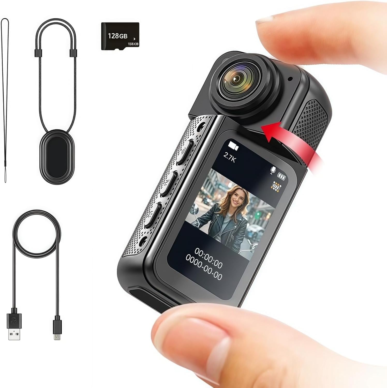 128GB FHD 1080P Mini Rotate Body Camera Wearable Action Body Cam Thumb Size Hands Free Recording Body Worn Camera Portable Camcorder Mount Anywhere for Work Travel Sport Pet Walking (Black)