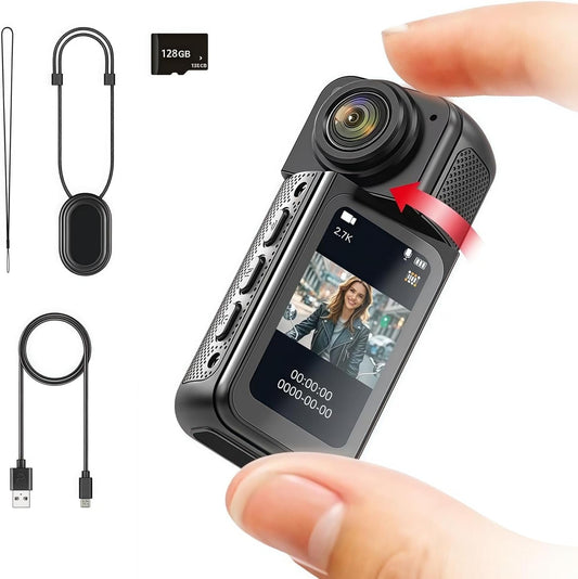 128GB FHD 1080P Mini Rotate Body Camera Wearable Action Body Cam Thumb Size Hands Free Recording Body Worn Camera Portable Camcorder Mount Anywhere for Work Travel Sport Pet Walking (Black)